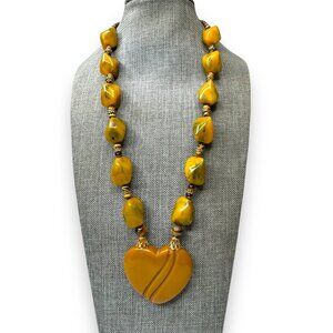 Vintage Bakelite Tigers Eye Beaded Necklace Heart Pendant 20" Spring Ring
